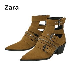 ZARA Suede Studded Buckle Pointed Toe Cutout Ankle Boots
